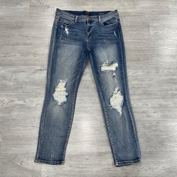 Judy Blue Boyfriend Fit Jeans Distressed Splatter Stretch JB82363MD Size 15/32 - Picture 1 of 15